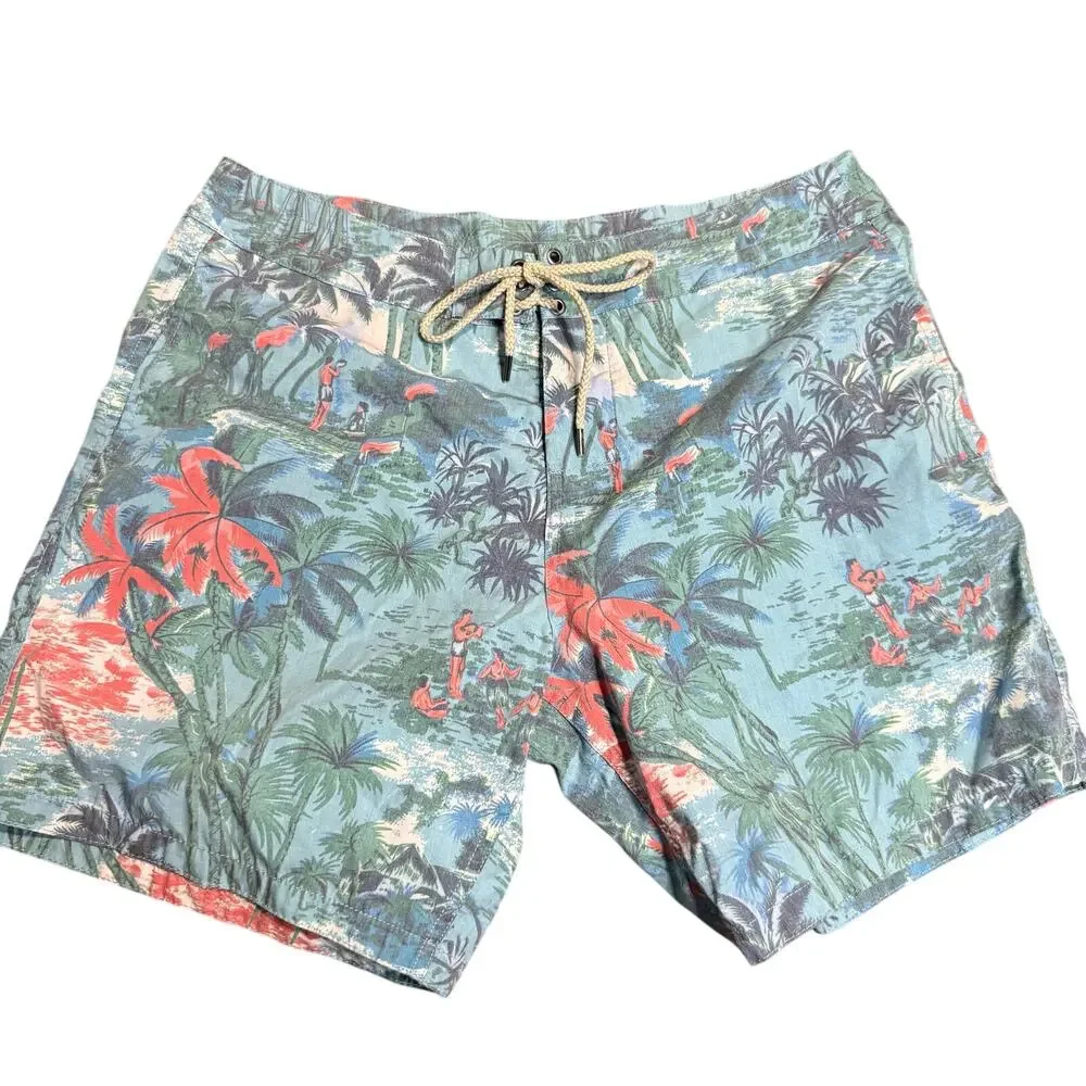 Faherty Brand Tropical Swim Trunks Board Shorts, Blue Palm Scenic Print, 34